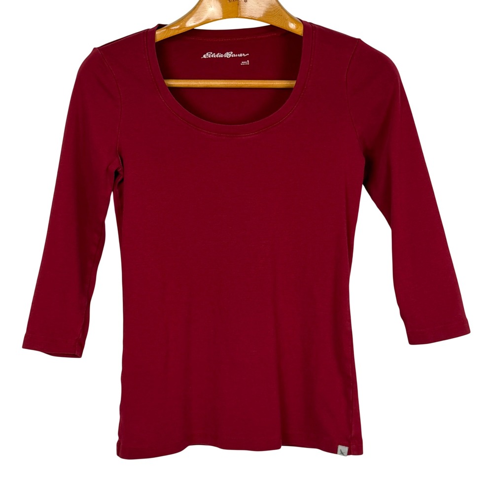 Eddie Bauer Top Scoop Neck 3/4 Sleeve Size S Burgundy Red 100% Cotton